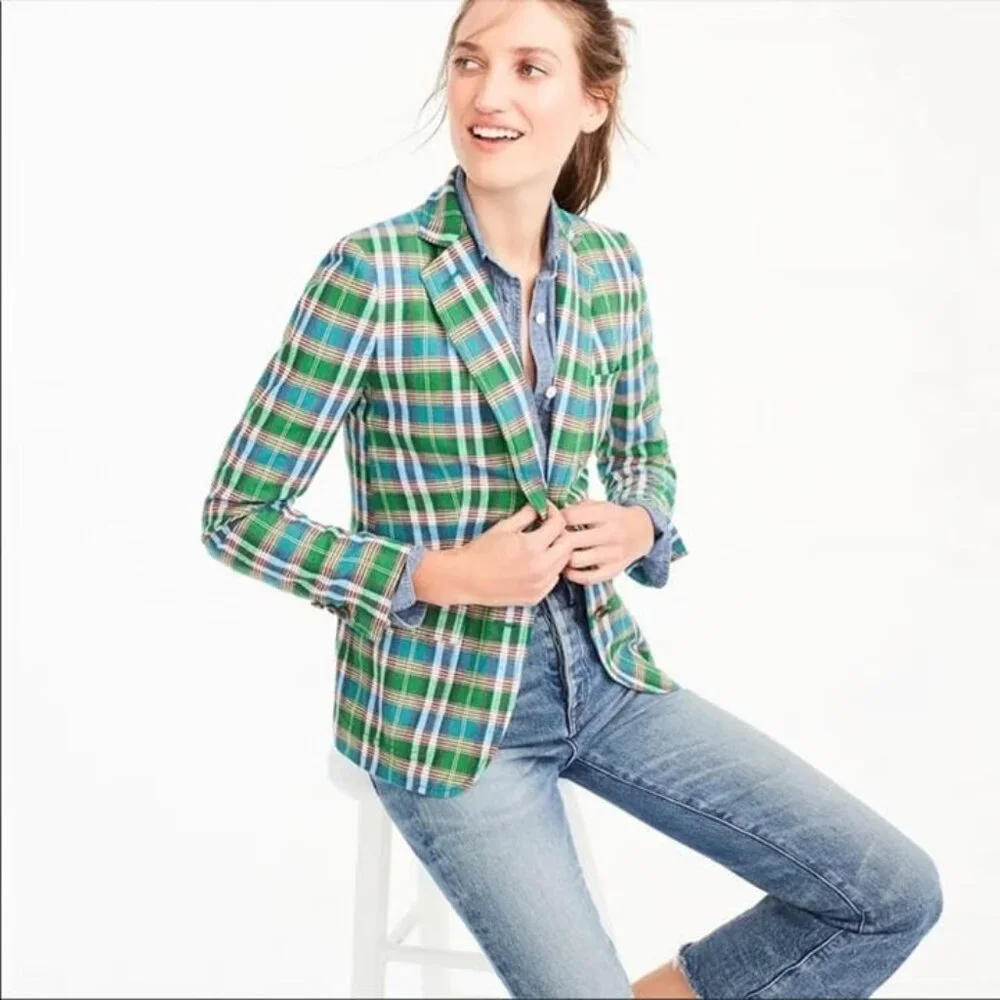 J. Crew Rhodes Blazer Linen Cotton Green Plaid Size 2 - Picture 2 of 11